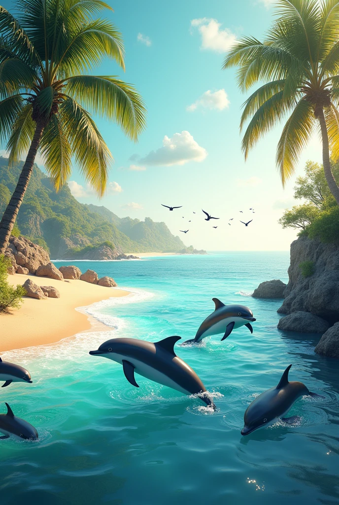 dolphins swimming in a bay near a dune with coconut trees and swallows flying overhead on a stylish late afternoon