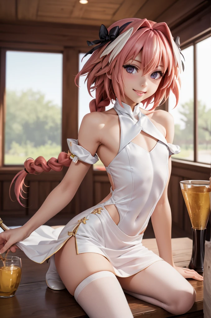 ((masterpiece)), ((best quality)), (detailed), astolfo, Beautiful, Beautifu and slim perfect body, slim body, really female, slim female body, female, flat chest, Pectorals, not breasts, very innocent smile, innocent smile, femboy, , boy, bright pink hair, really spiky hair, short hair, a long braid, lock of white hair on left side, perfect, solo, gorgeous femenine person, one piece dress, wedding dress, mini dress, dress without shoulder, wedding mini dress without shoulder, bridal veil on the head, small bulge, luscious lips, long hair, flat chest, Pectorals, not breasts, sexy,