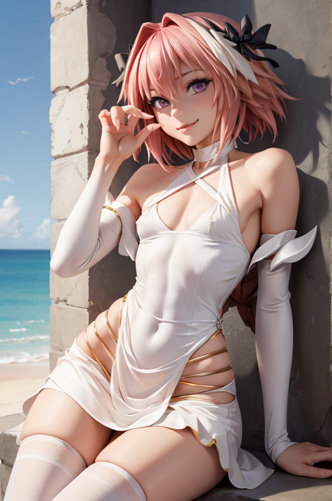 ((masterpiece)), ((best quality)), (detailed), astolfo, Beautiful, Beautifu and slim perfect body, slim body, really female, slim female body, female, flat chest, Pectorals, not breasts, very innocent smile, innocent smile, femboy, , boy, bright pink hair, really spiky hair, short hair, a long braid, lock of white hair on left side, perfect, solo, gorgeous femenine person, one piece dress, wedding dress, mini dress, dress without shoulder, wedding mini dress without shoulder, bridal veil on the head, small bulge, luscious lips, long hair, flat chest, Pectorals, not breasts, sexy,