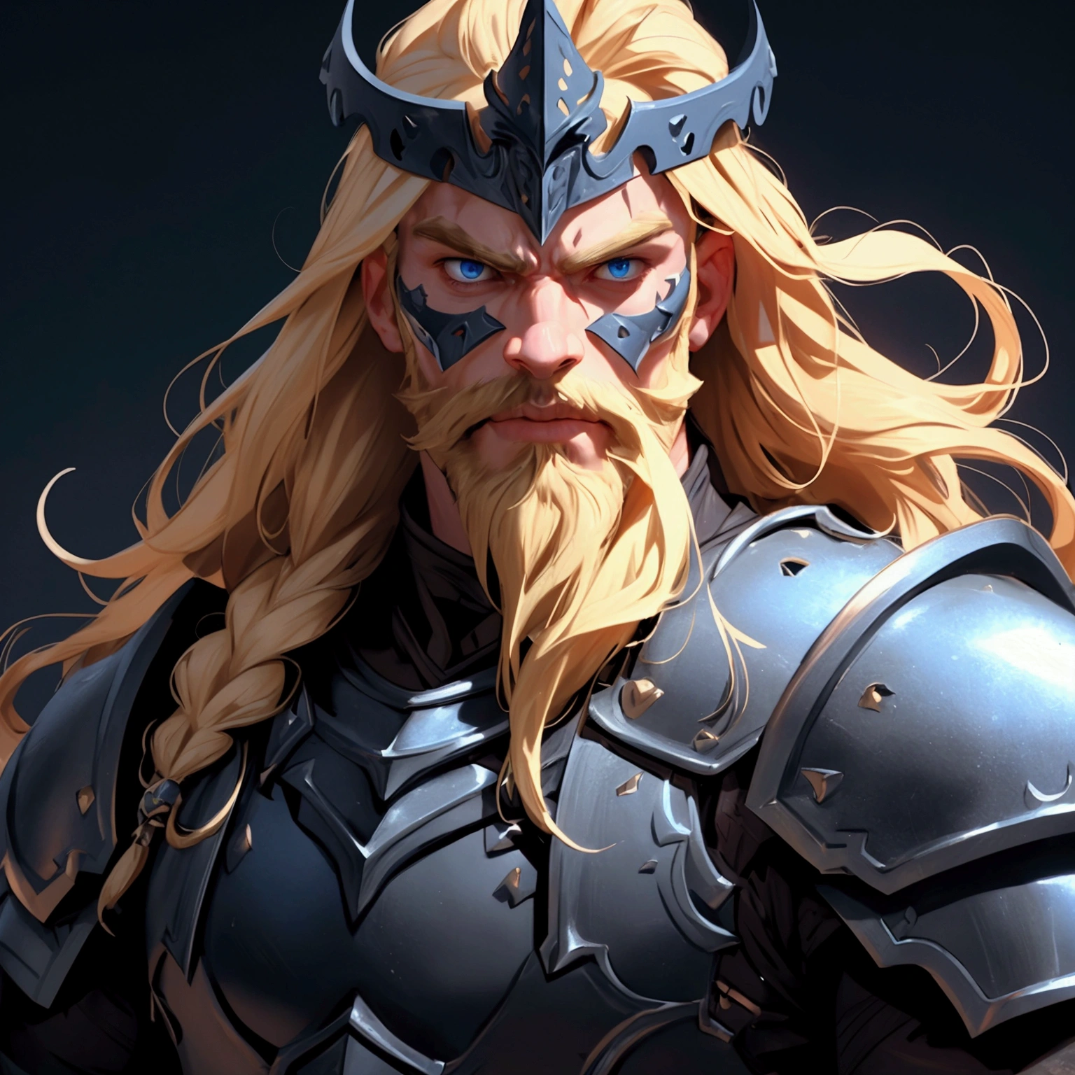 envision a 8k, highres, cinematic close up portrait of a strong face fierce warrior posing for battle with a muscular body, big beard with sleek long flowing blonde hair, and blue eyes shirtless wearing open chest leather armor and a skull crown face mask effects against a dark gray background