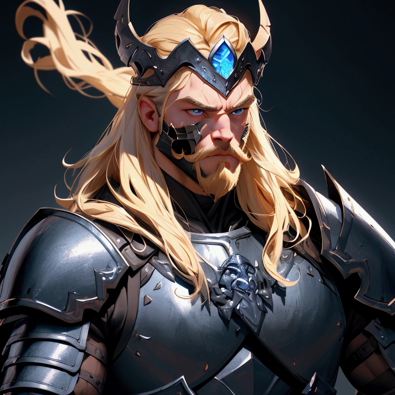 envision a 8k, highres, cinematic close up portrait of a strong face fierce warrior posing for battle with a muscular body, big beard with sleek long flowing blonde hair, and blue eyes shirtless wearing open chest leather armor with armor shoulder plates, and a skull crown face mask effects against a dark gray background