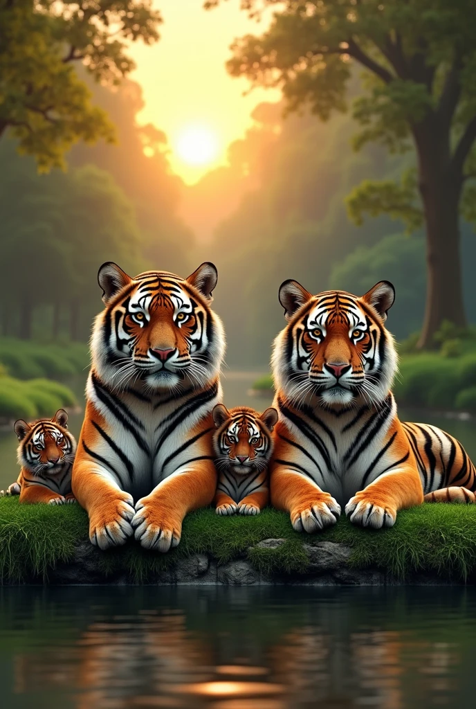 A pair of tigers with their pair of cubs lying on the edge of a river at sunset 