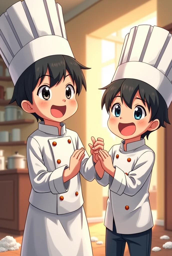 Generates a 2 boy in anime style who is dressing up at home to go to work as a chef 