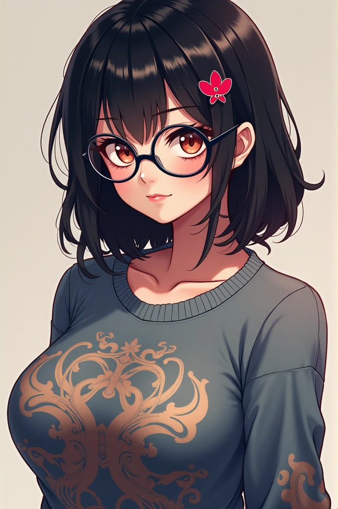 Woman with glasses and big breasts wearing an anime style collared sweatshirt