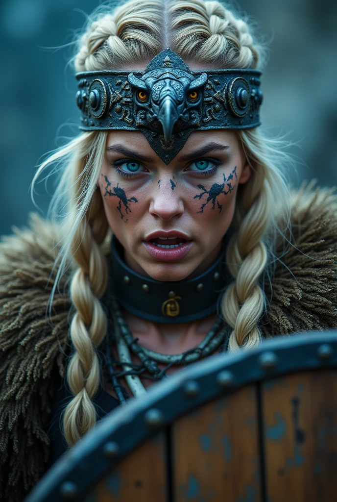Close up face beautiful viking woman, wooden shield in hand , strong blue light in the eyes, eagle crown with many details , viking face paintings, Angry, bone necklace around the neck, battle armor, yelling, braids in hair, blonde, looking 3