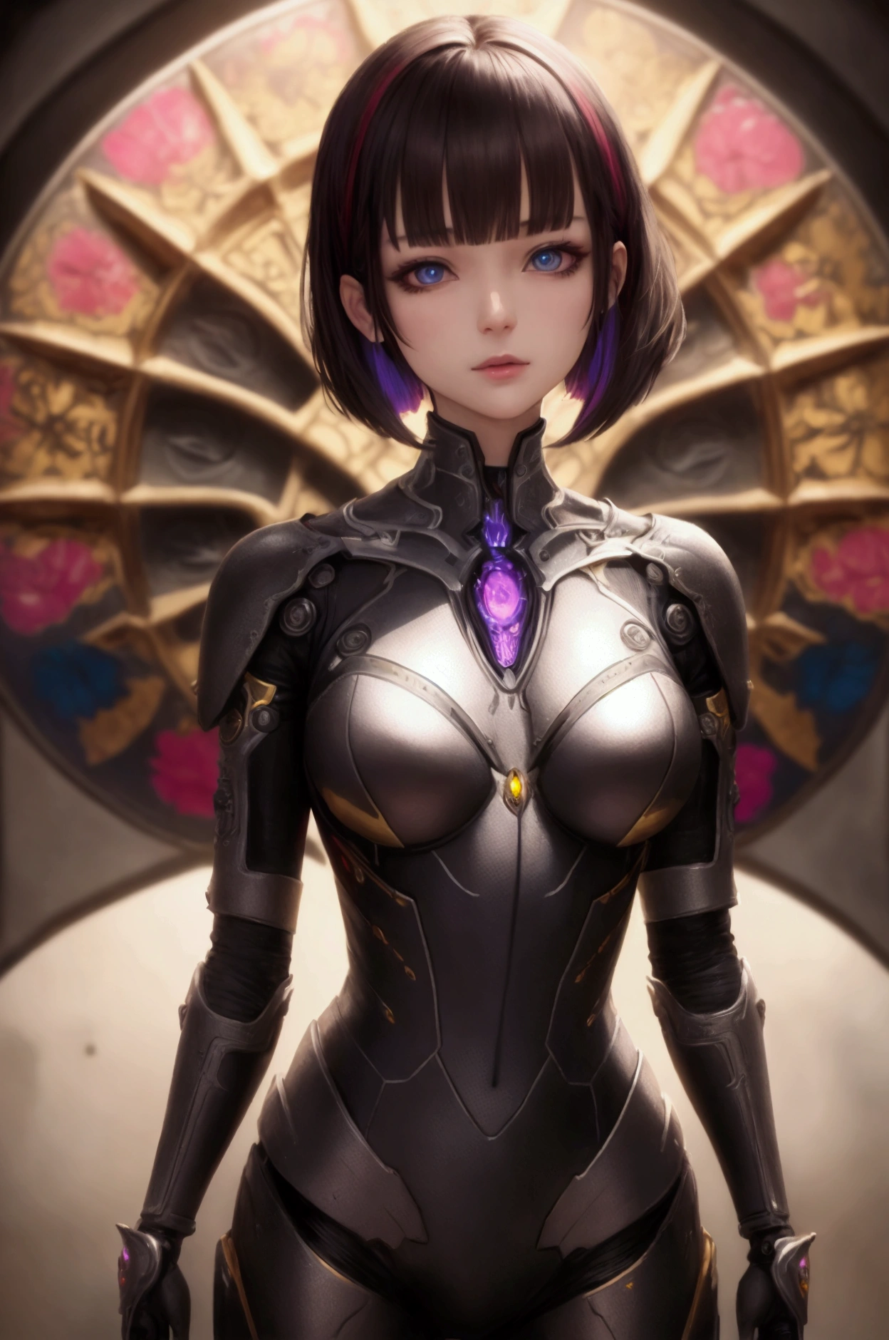 vivid colors, amazing masterpiece, ((HDR)), absurdres extremely, intricate details, sharp focus, depth of field, dramatic lighting, android female, blunt bangs, shiny mechanical body