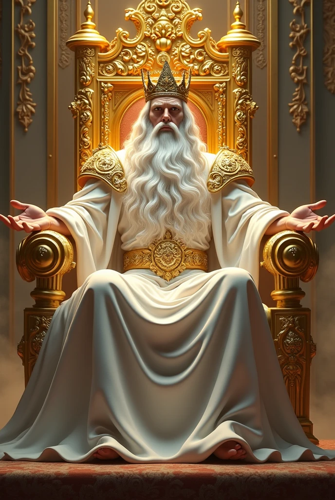 a great king sitting on a great and exalted throne made entirely of gold, with open arms. This king has a big white beard, very long white hair, white skin and a golden crown on his head. This being has white clothes, a golden belt and shoulder armor. this king is powerful and majestic.