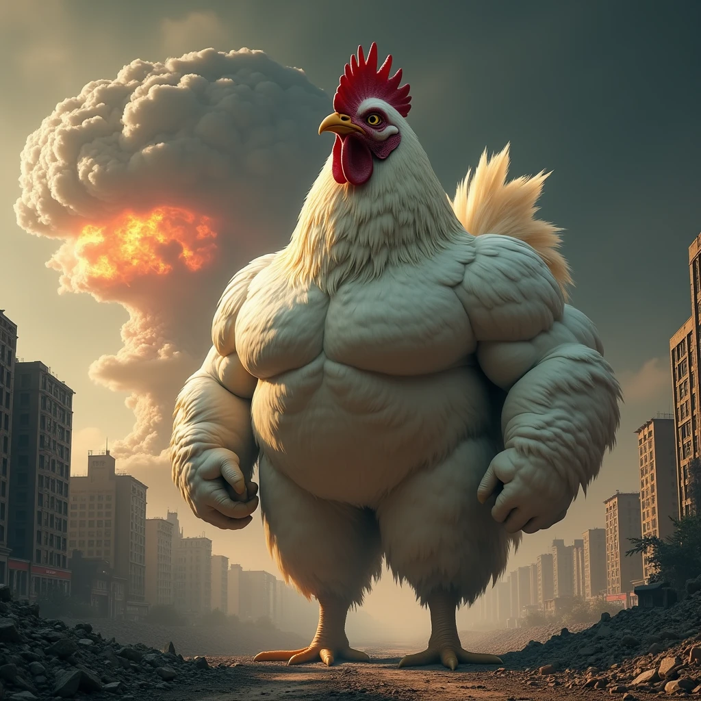 Draw a giant muscular chicken, receiving an atomic bomb, in a destroyed city 