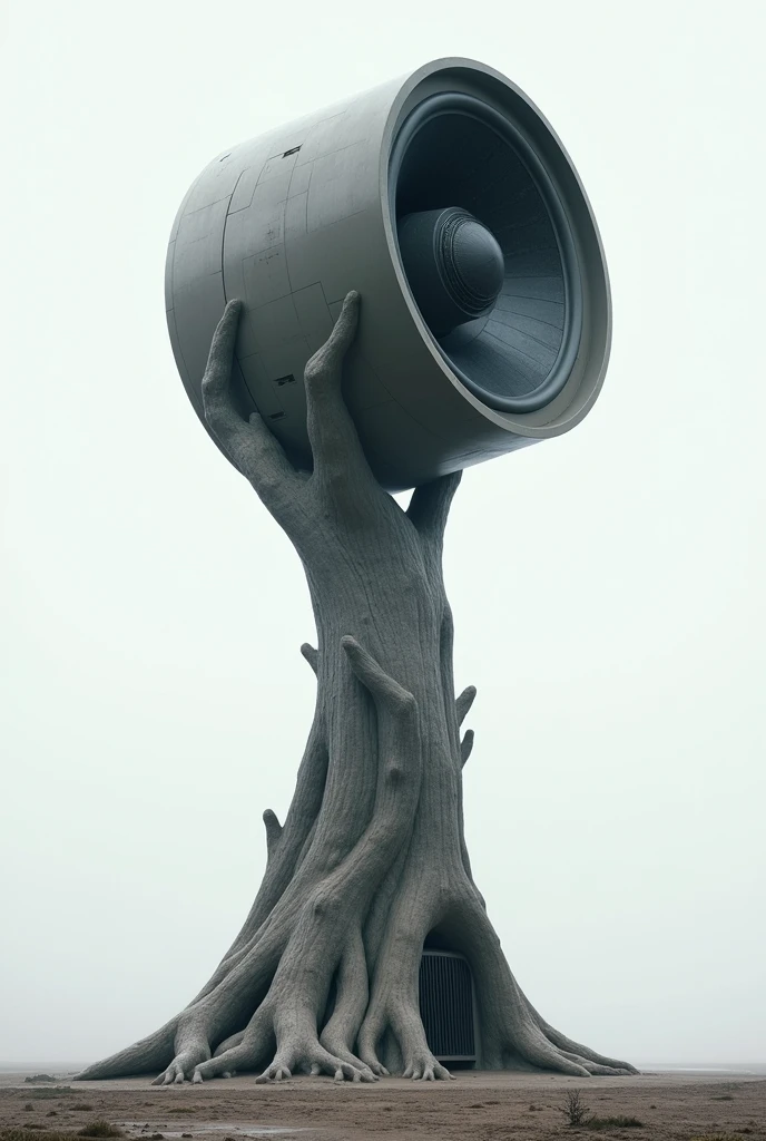 Imagine a tree with a strong, thick trunk resembling the body of a large speaker, leading directly into a massive speaker at the top, completely devoid of leaves or branches, creating a striking silhouette that embodies sound itself