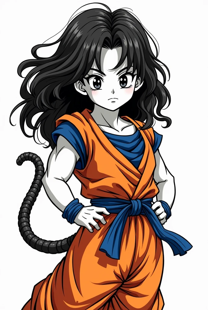 Make a female character with wavy hair, black hair color, long and raised, with light skin color, black eyes and with Goku's tail., with goku's clothes. in the style of the dragon ball series and looking at the camera and with a serious face. black and white drawing, with the comic book style
