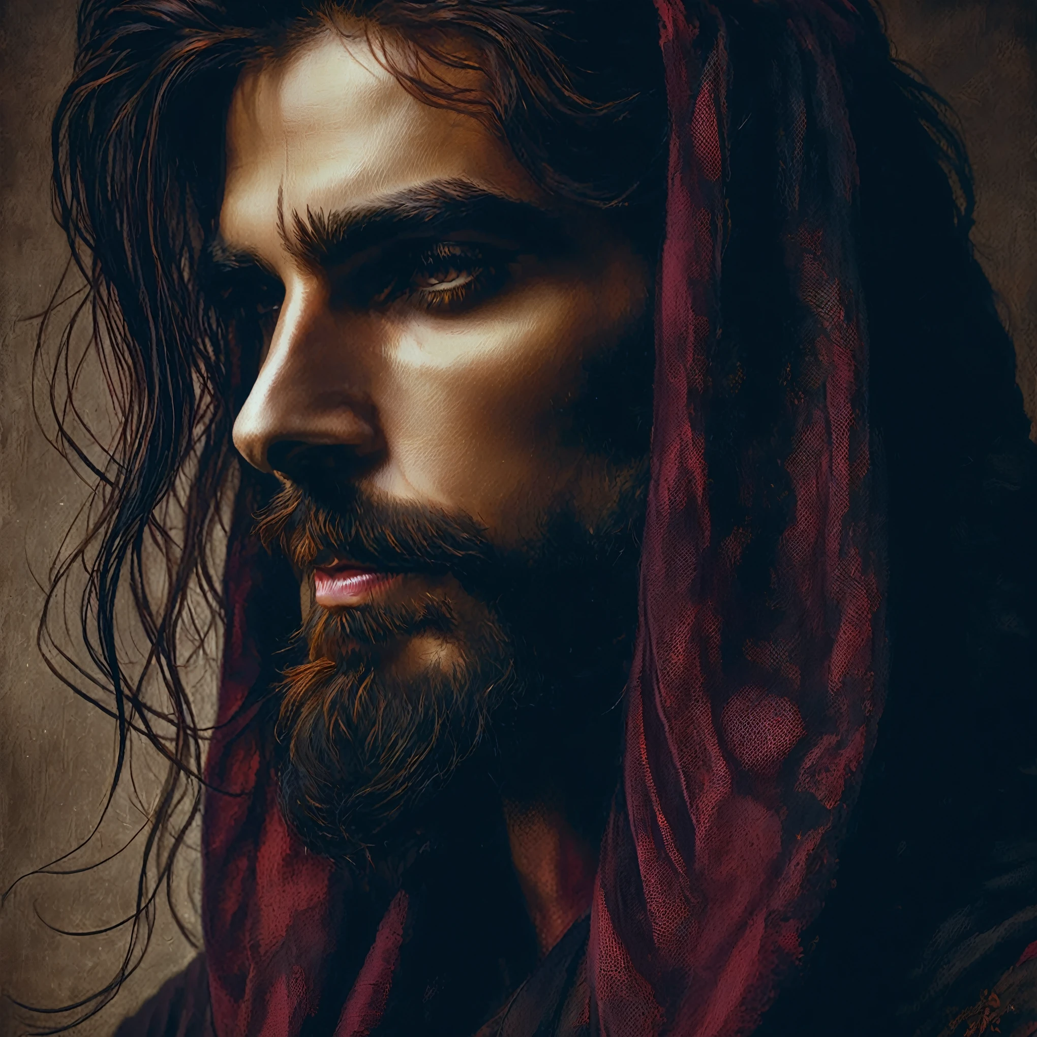 portrait of a bearded man with a scarf, handsome prince of Persia, fantasy male portrait, dark red beard, portrait of JesusChrist, Kramskoy 4 K, high-quality portrait, ultra realistic digital painting, JesusChrist, bearded beautiful man, caravaggio and artgerm, Stunning portrait, realistic digital painting, renaissance digital painting