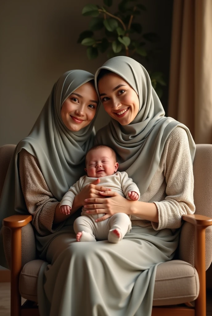 baby boy being carried by beautiful muslim woman and muslim grandmother facing camera on wooden chair in living room