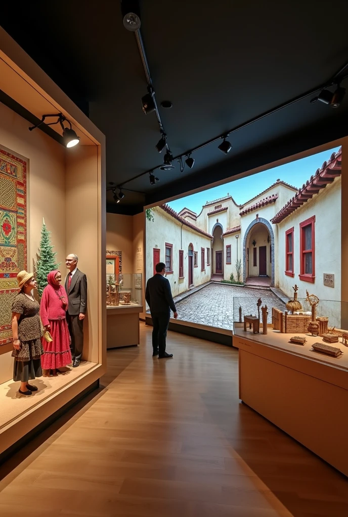 MUSEUM ROOM WITH MODELS OF THE AREA, MURALS OF TYPICAL TEXTILES AND TREJES , INTERACTIVE SCREENS WITH VIRTUAL REALITY ,WALL PROJECTOR WITH PHOTOS OF THE HOSTIRIA OF TYPICAL COSTUMES AND WITH WARM LIGHT WITH BEIGE COLORED WALLS