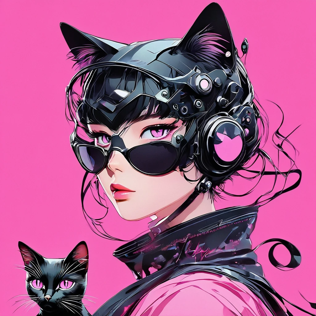 An anime with a black cat on a pink background, Goth Cat Girl Portrait, Catwoman, Anime-style illustrations, アニメスタイル 4K, Anime style portrait, Ilya Kubyshin's stye. 4K, Catwoman, Artem and Ilya Kubyshin, Emo girl and her , Beautiful anime cat girl, Anime Style, Anime Style. 8k
