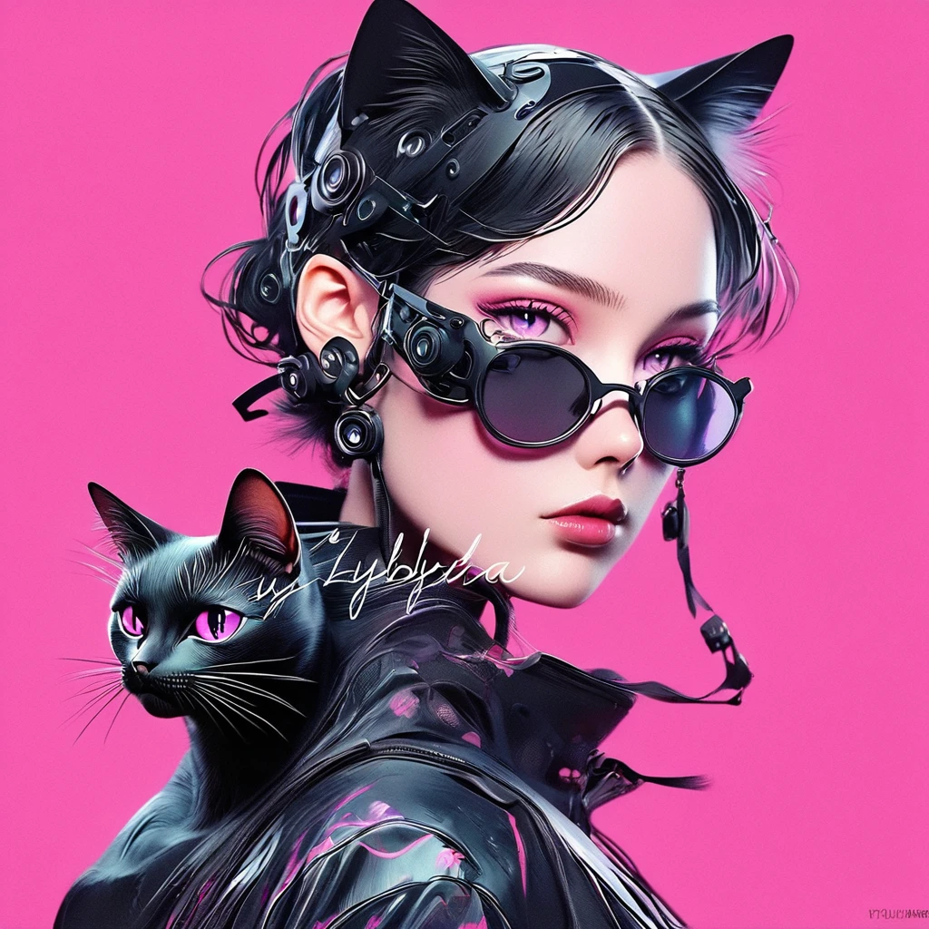 An anime with a black cat on a pink background, Goth Cat Girl Portrait, Catwoman, Anime-style illustrations, アニメスタイル 4K, Anime style portrait, Ilya Kubyshin's stye. 4K, Catwoman, Artem and Ilya Kubyshin, Emo girl and her , Beautiful anime cat girl, Anime Style, Anime Style. 8k