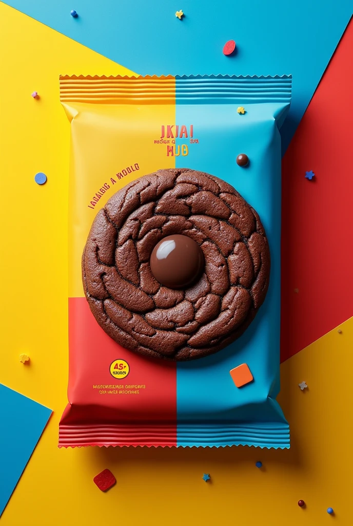 work on an image of a yellow, blue and red cookie packaging for some chocolate cookies with gum