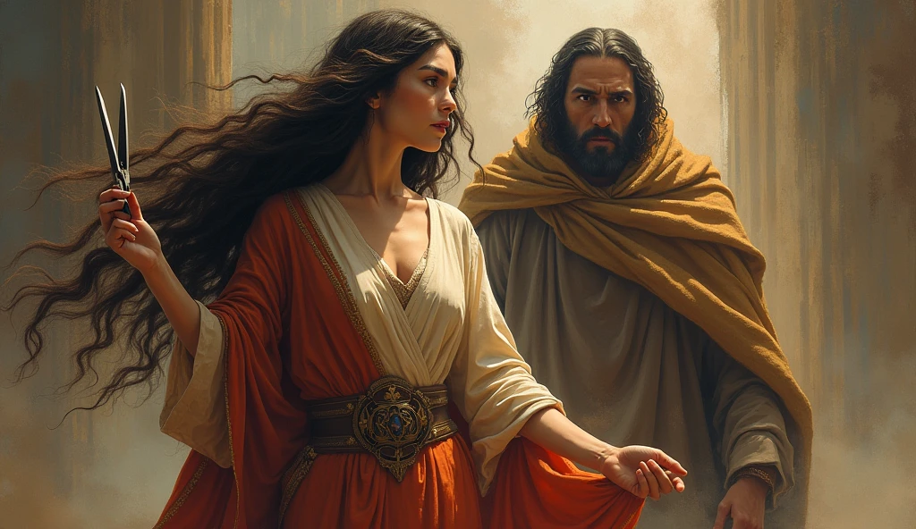 A woman representing Dalite from the Bible with a bunch of long hair in her hands and scissors in the other and a Nazirite man behind her representing Sanhedrin with his hair twisted low and a look of astonishment.