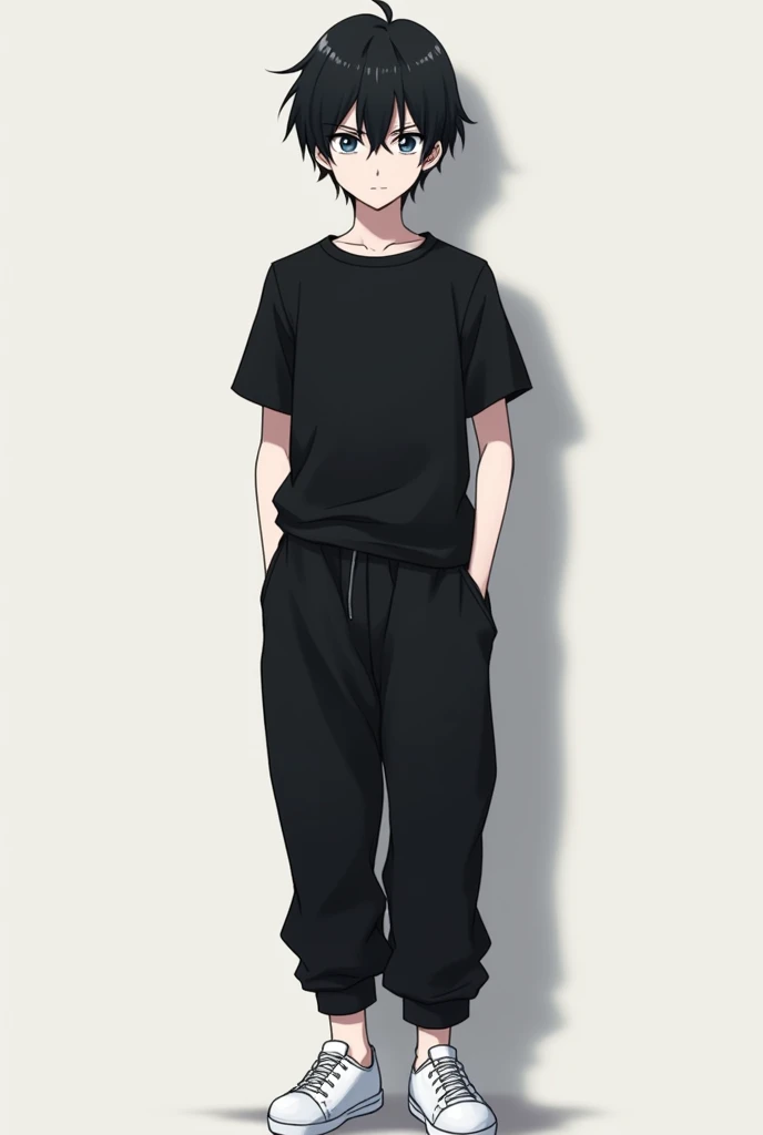 A black-haired anime with a serious face wearing a black short-sleeved shirt, black baggy pants, white tennis shoes, and pale white skin, male 