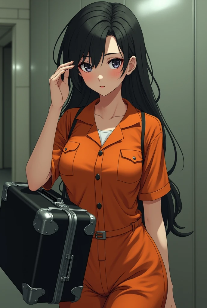 Anime realistic style, Woman with a thin curvy body wearing an orange prison uniform, posing holding a black suitcase, closeup