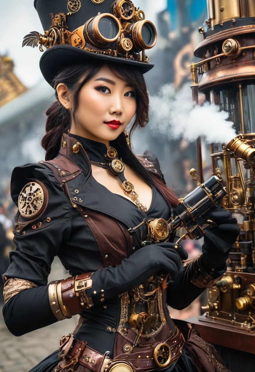 An Asian woman in a steampunk costume taking the photo, wearing steampunk attire, steampunk fantasy style, (Steampunk), a steampunk beautiful goddess, steampunk beautiful woman, Steampunk Girl, Steampunk style, steampunk fantasy, Steampunk, steampunk inventor girl, golden steampunk, steam punk, steampunk, Set in a steampunk world, Vivid steampunk concept