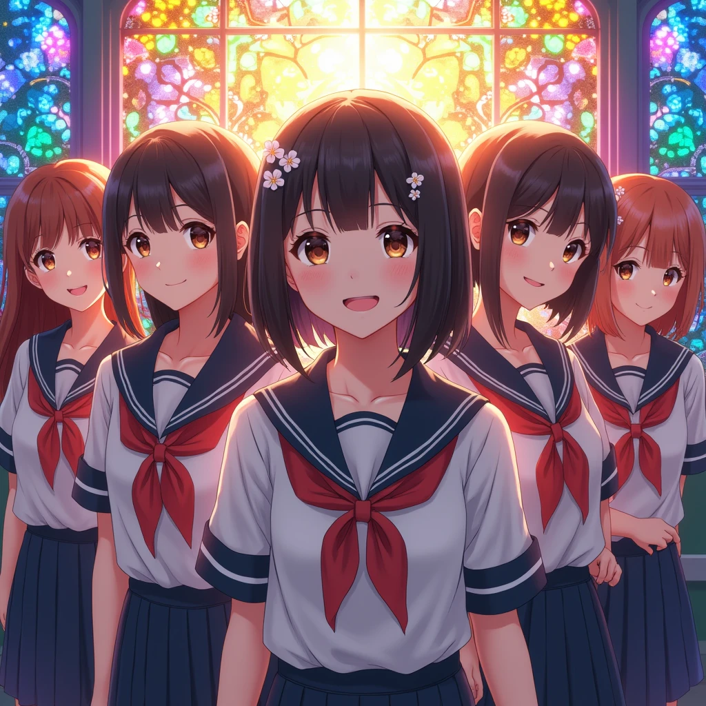 (sfw, White and Red, Acutance:0.8), Masterpiece, (realistic and ((photorealistic:1.37)) with touch of rawness). A group of KAWAII girls in opened school uniform without bra . (extremely detailed KAWAII face variations, joyful expression variations), { Navel | pretty Ass | Overflowing underboob | (White panties) with blood only in crotch area | (full of Flowers covering girl's body) | (Dazzling colorful stained glass with delicate details:1.2) } . (Exposed:1.2), ((nipple:-0.9)), (not Detailed fingers:-0.9) .