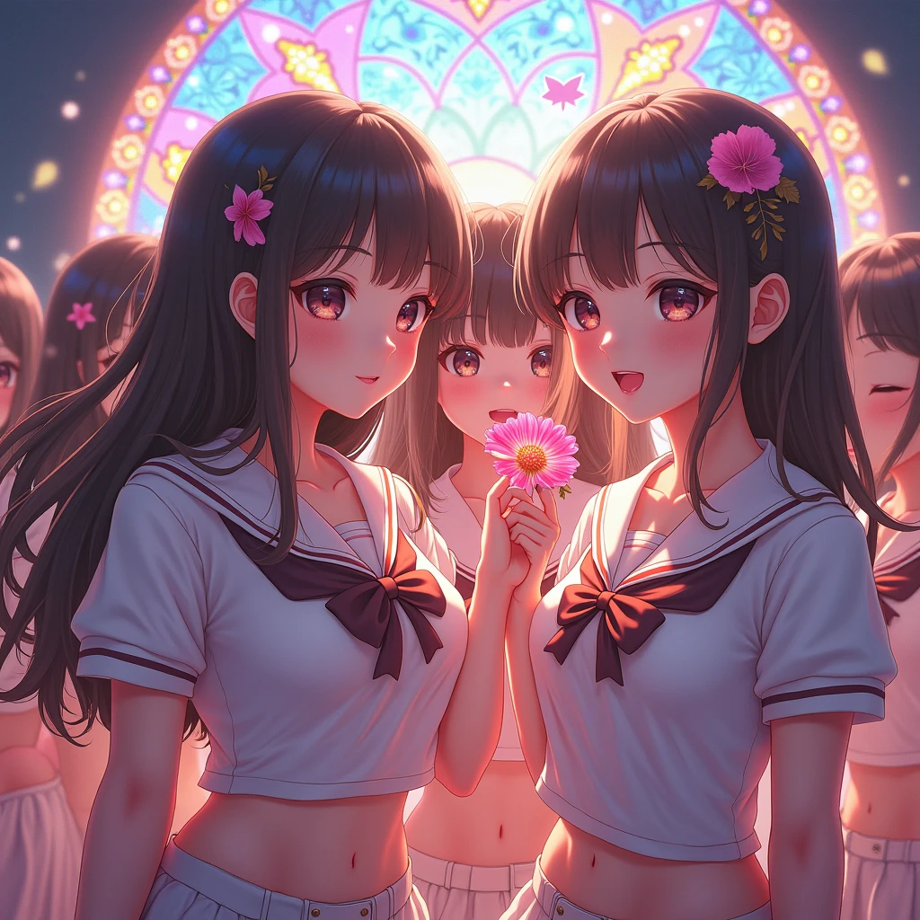 (sfw, White and Red, Acutance:0.8), Masterpiece, (realistic and ((photorealistic:1.37)) with touch of rawness). A group of KAWAII girls in opened school uniform without bra . (extremely detailed KAWAII face variations, joyful expression variations), { Navel | pretty Ass | Overflowing underboob | (White panties) with blood only in crotch area | (full of Flowers covering girl's body) | (Dazzling colorful stained glass with delicate details:1.2) } . (Exposed:1.2), ((nipple:-0.9)), (not Detailed fingers:-0.9) .