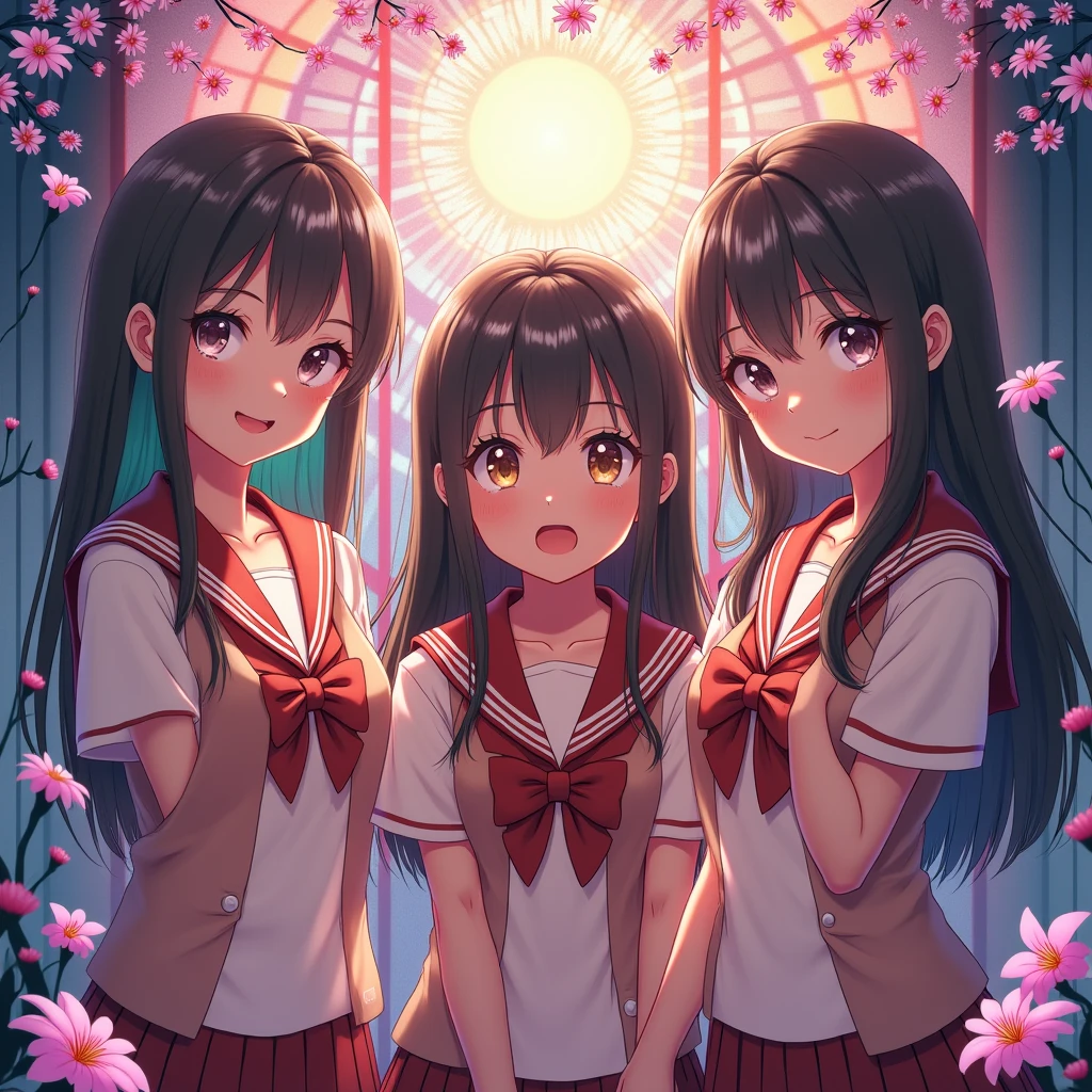 (sfw, White and Red, Acutance:0.8), Masterpiece, (realistic and ((photorealistic:1.37)) with touch of rawness). A group of KAWAII girls in opened school uniform without bra . (extremely detailed KAWAII face variations, joyful expression variations), { Navel | pretty Ass | Overflowing underboob | (White panties) with blood only in crotch area | (full of Flowers covering girl's body) | (Dazzling colorful stained glass with delicate details:1.2) } . (Exposed:1.2), ((nipple:-0.9)), (not Detailed fingers:-0.9) .
