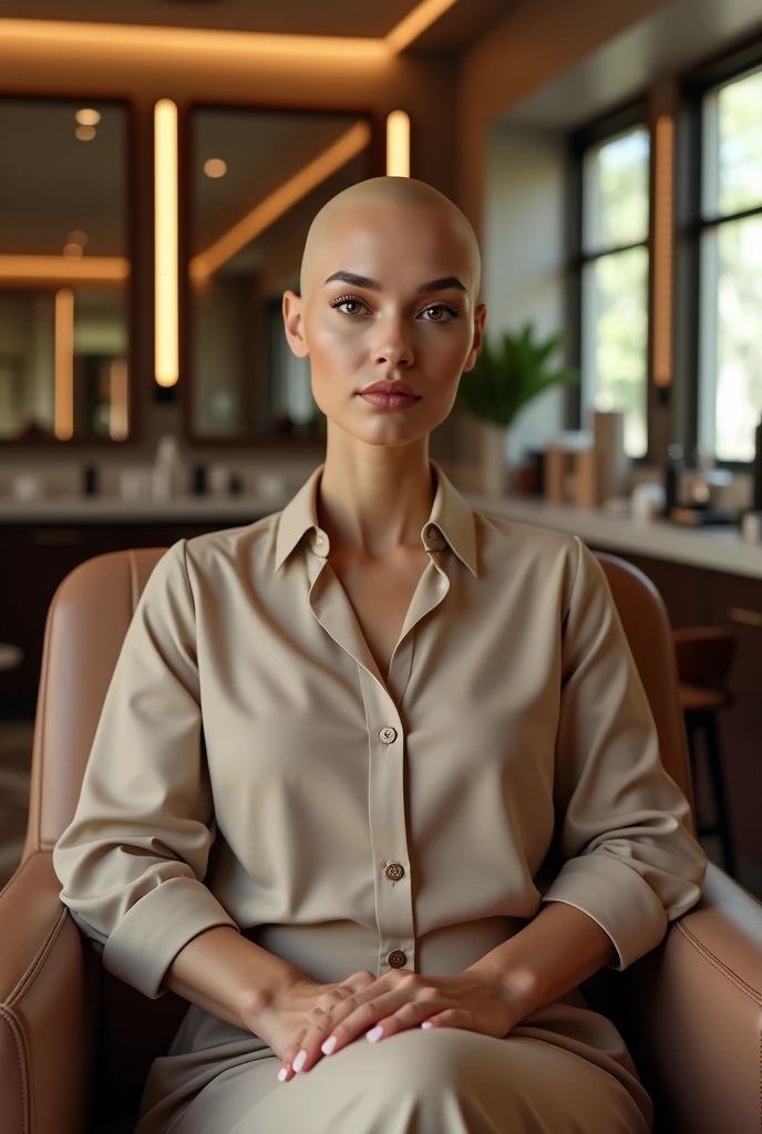 A bald woman,she will be sitting in a chair in a beauty salon
