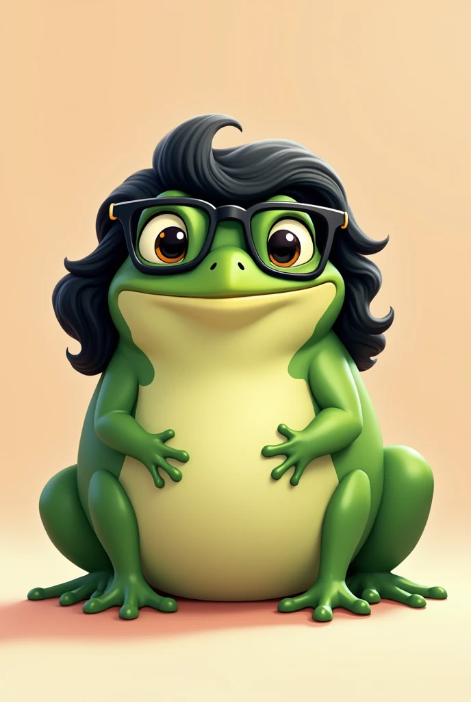 Create a cute toad that has black square frame glasses and wavy black man hair