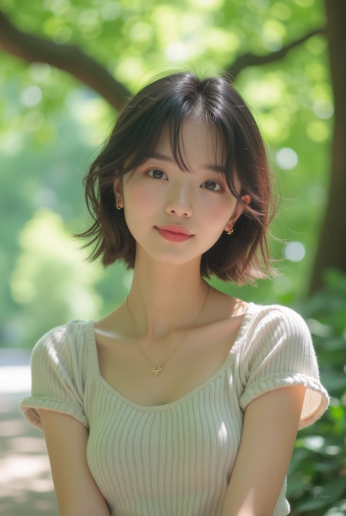 Young fair-skinned Japanese woman。I walked under the greenery of the park wearing a short-sleeved summer knit made of cool-looking fabric.。Selfie-style images。