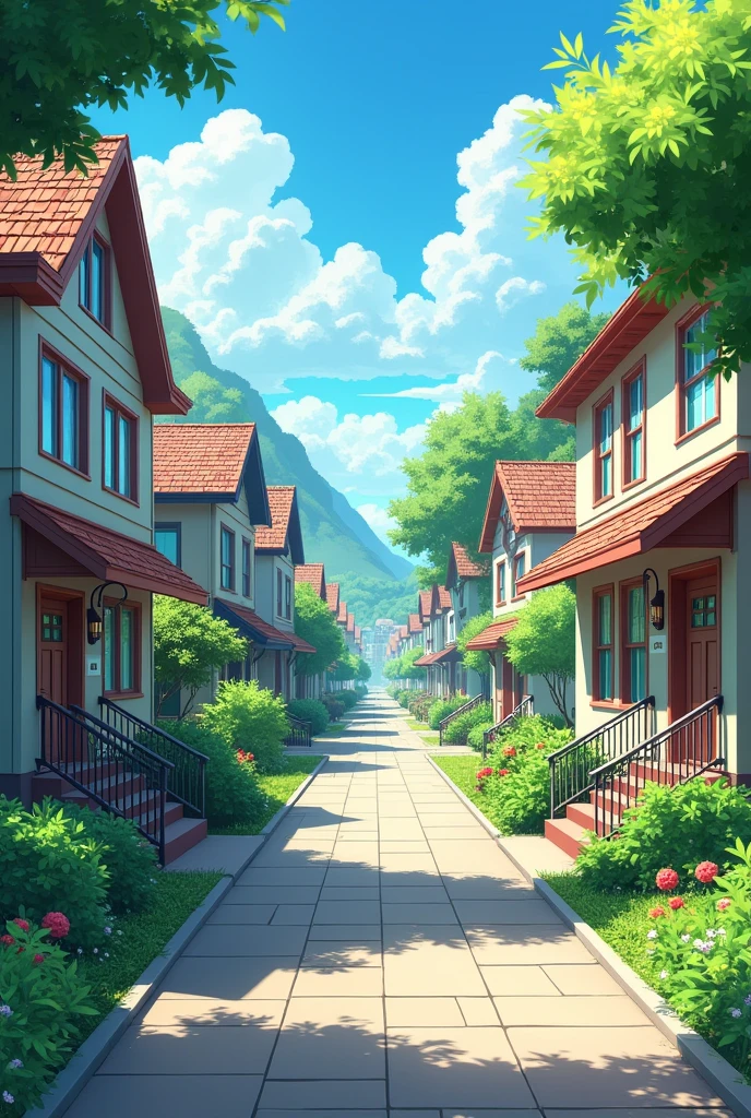 a neighborhood with several houses a street without people lively and long