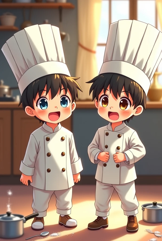 Generates a 2 boy in anime style who is dressing up at home to go to work as a chef 