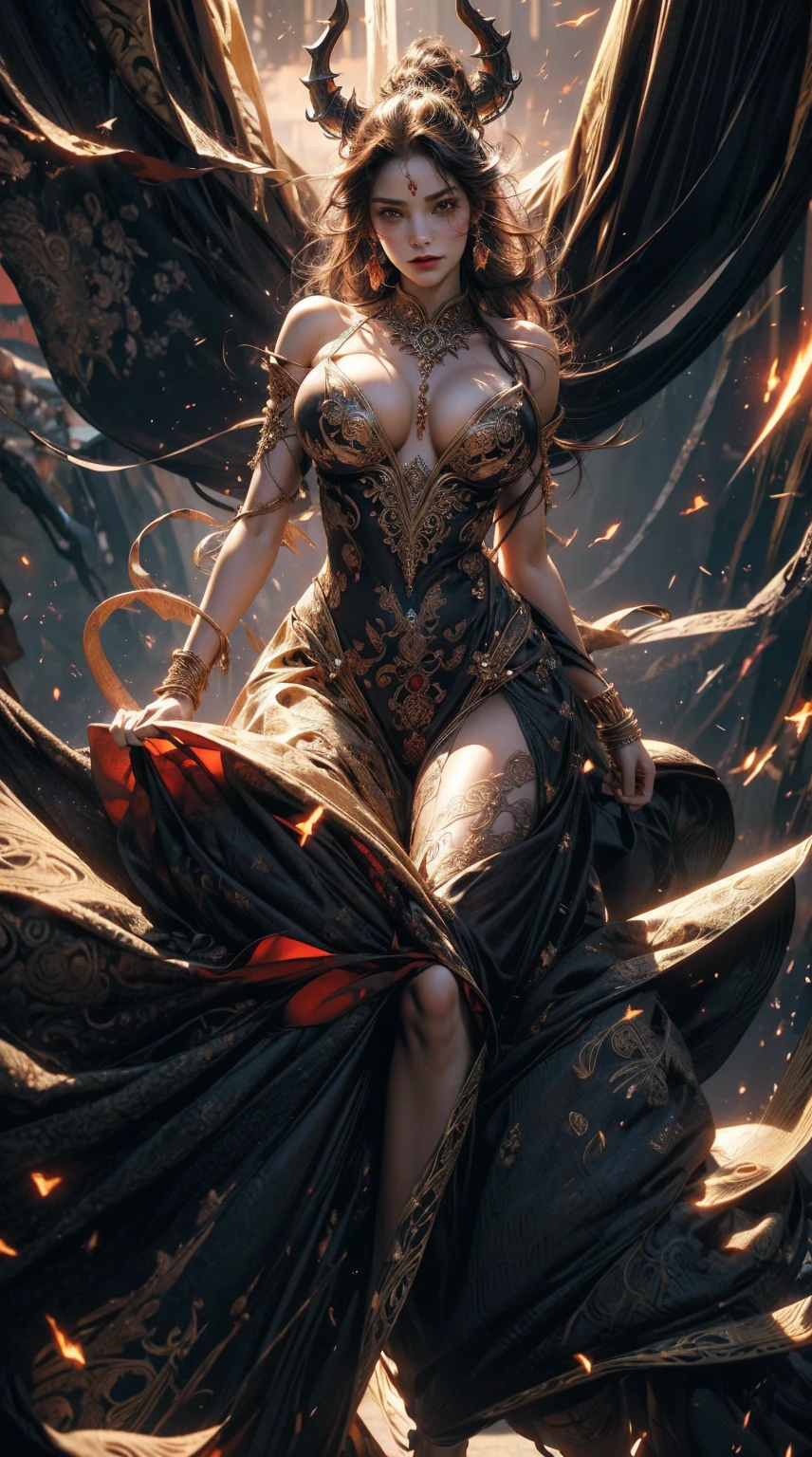 （masterpiece，top quality，Best Quality，official art，beautiful and beautiful：1.2），Scene depicting the Goddess of War in hell with a fiery red horned demon.，She is a big giant，She is a charming princess，She is a strong warrior，fire，Lightning in the sky，magma，At the foot of the mountain，mountains in the distance，(elelementodefire:1.4)，现实的fire，very realistic，correct anatomy，full body shot，convex，nice big breasts，violent house，，Plum，unfulfilled longing，Alone genitalia， camel toe，sexy gesture，，Sex huge breasts cleavage， Alonefoot，sexy gesture，Fist to meat，（zentangle，mandala，Tangled up，enTangled up）（Hairy and fleshy，Alone ，），Married woman，milf，delicate face，美丽delicate eyes，correct anatomy，detailed face, delicate eyes，divine light，gold paper，gold paper艺术，deep bottom，absurd，wonderful and incredible，epic work，(intricate details，ultra detailed:1.2)，Super real photos, epic reality,  ((neutral color)),(pastel colours:1.2), surreal, + spring + dynamic composition, extremely detailed, Sharpen, Normal, warm light, light effect, dramatic light, (intricate details:1.1), complex background, (Greg Rutkovsky:0.8),  (black and red:0.4），