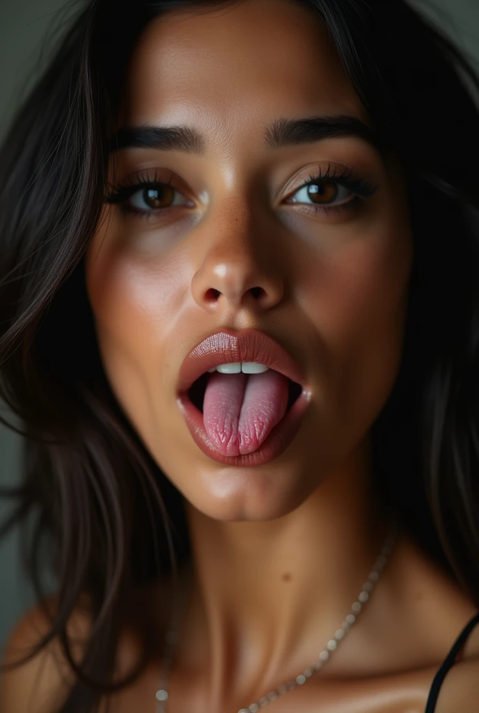 1 girl,Hmm, rough skin, anatomically correct, High resolution, teenage,focus the eyes clearly, nose and mouth,face focus, close up of face、woman with open mouth and closed eyes, black camisole、20-year-old,black haired、symmetrical face,realistic nostrils、angle from below、elongated C-shaped nostrils、sweaty skin、Skin shiny with sweatを強調する照明、((sharp nose))Skin shiny with sweat、shiny skin、sweaty hair、look up at the audience,long tongue、true skin type、realistic pores,look up,濡れたlong tongue,black background,semi-backlit,（vapor）