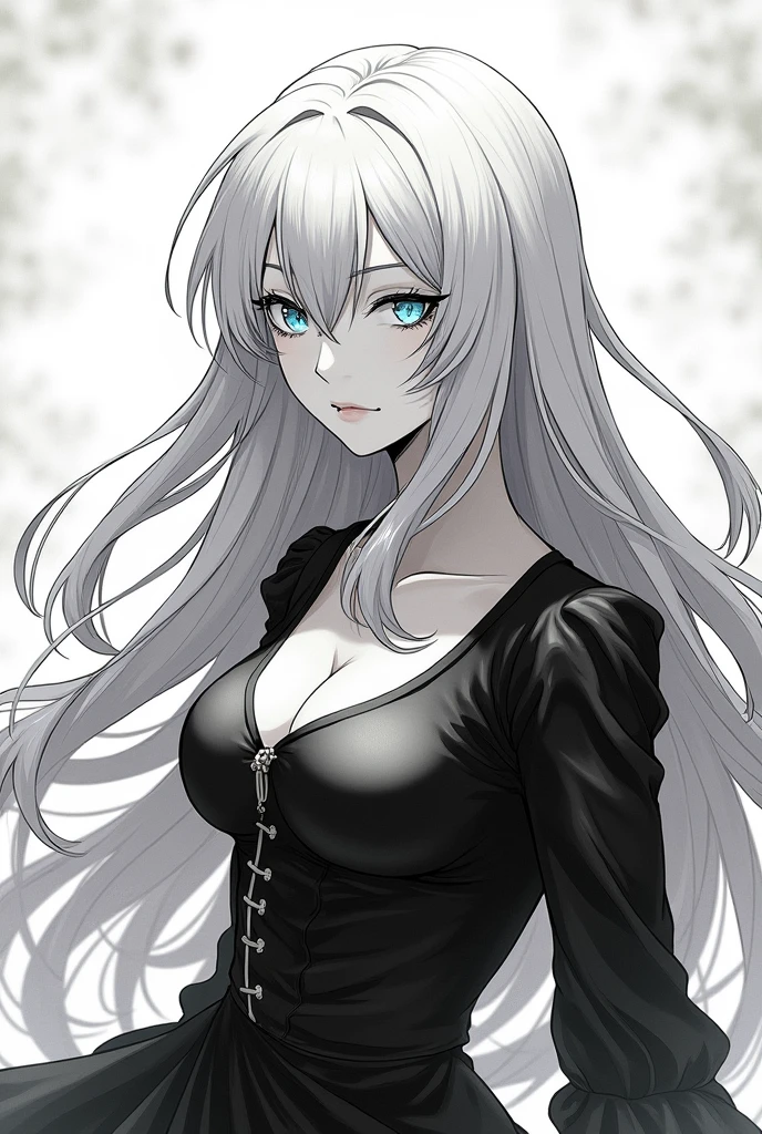 Monochrome manga illustration, Sister's Gojo character, striking blue eyes glowing in depth, ethereal pale skin contrasting with deep shadows, flowing white hair cascading gracefully, stylishly framing delicate features, accentuating an hourglass figure that reflects elegance and allure, character of average height portrayed with a sense of confident poise, intricate detailing capturing the fluidity of movement, sharp lines defining form and shape, dynamic shading to enhance the depth and contours, emphasizing delicate expressions, softly scowling lips suggesting a hint of playfulness, captivating gaze inviting the viewer into an enchanting world, stylized costume featuring elegant yet playful elements, background softly blurred to maintain focus on the character, detailed textile patterns weaving a story of comfort and style, overall composition reflecting the essence of contemporary manga art, creating an immersive atmosphere that transports viewers to a realm of imagination, meticulously inked lines finessing each detail, capturing the delicate balance of beauty and strength reminiscent of beloved manga heroines