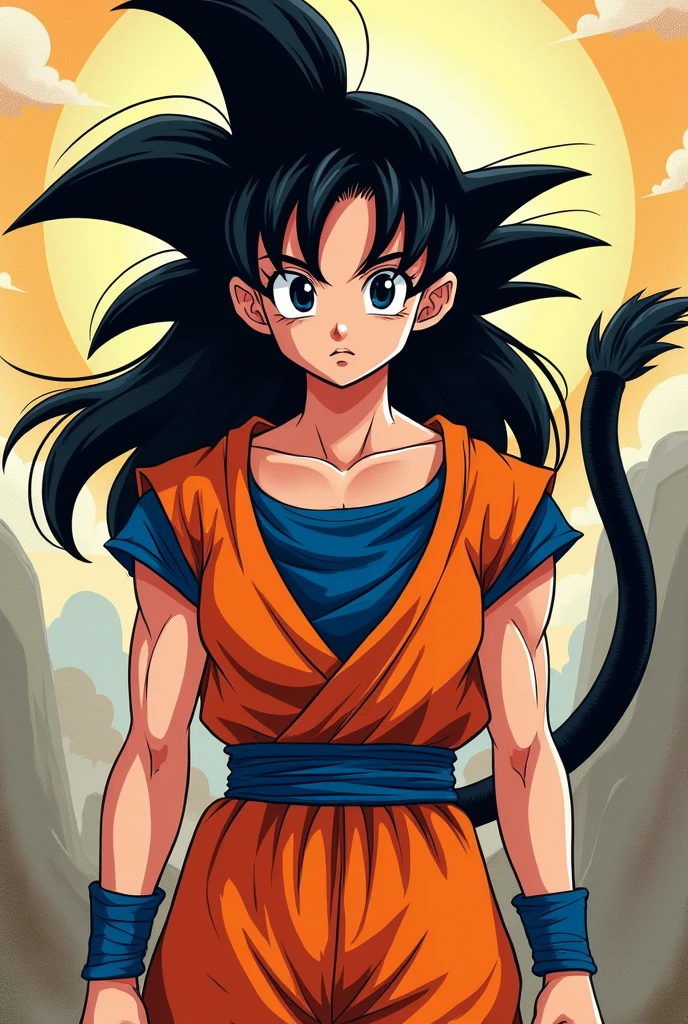 Make a female character with wavy hair, black hair color, long and raised, with light skin color, black eyes and with Goku&#39;s tail., with goku&#39;s clothes. in the style of the dragon ball series and looking at the camera and with a serious face.with the comic book style