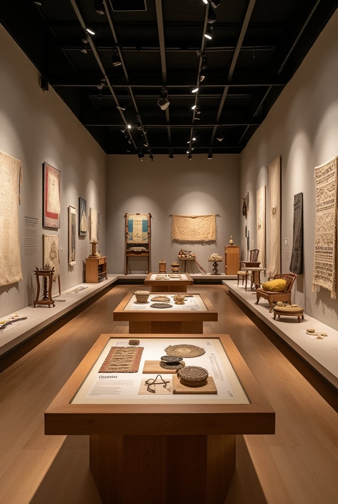 MUSEUM ROOM WITH EXHIBITION OF ARCHEOLOGICAL PIECES AND SCREENS, looms, ancient spindles and fabrics; -Samples of the first patterns and designs that are still in use; -Interactive installations where visitors can try out weaving techniques with traditional tools. WITH FURNITURE LIKE: Glass or acrylic display cases to protect pieces; - Interactive wooden or acrylic tables to display samples of vintage patterns and designs, with information panels; -Interactive stations with replicas of traditional tools where visitors can try out weaving techniques.
