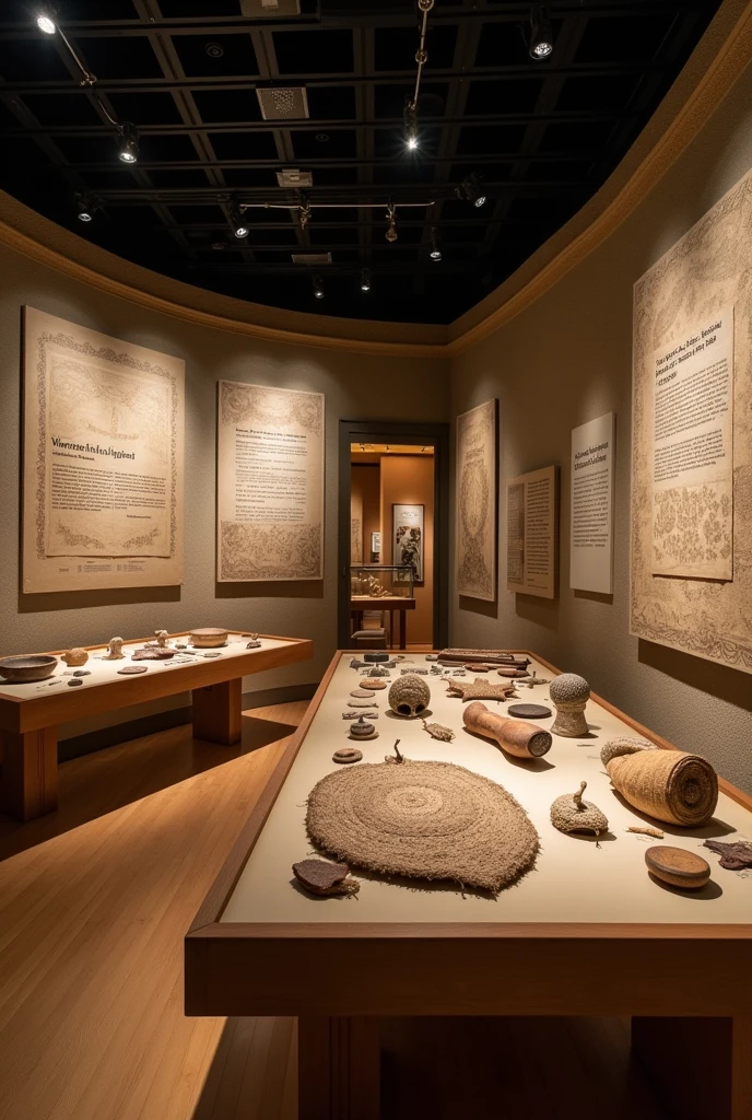 MUSEUM ROOM WITH EXHIBITION OF ARCHEOLOGICAL PIECES AND SCREENS, looms, ancient spindles and fabrics; -Samples of the first patterns and designs that are still in use; -Interactive installations where visitors can try out weaving techniques with traditional tools. WITH FURNITURE LIKE: Glass or acrylic display cases to protect pieces; - Interactive wooden or acrylic tables to display samples of vintage patterns and designs, with information panels; -Interactive stations with replicas of traditional tools where visitors can try out weaving techniques.