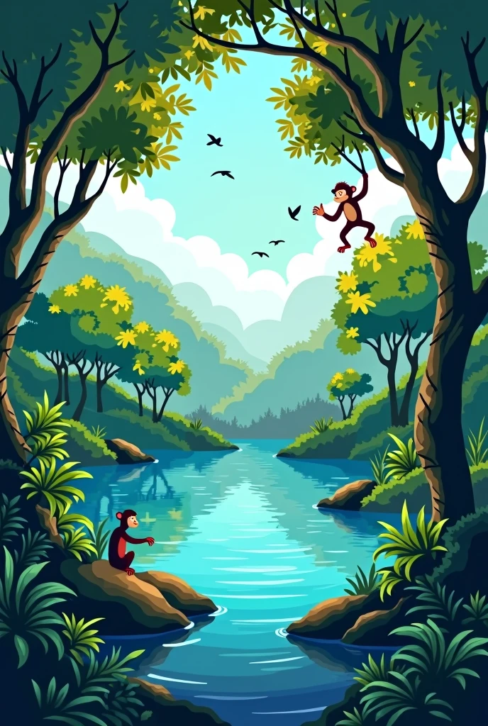 Illustrate a clip art style image set in a lush green forest with a blue lake in the middle.  birds flying and a small monkey hanging on a branch. The image should be infused with the natural colors of the forest and the distinctive colors of the forest inhabitants..