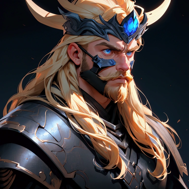 envision a 8k, highres, cinematic close up portrait of a strong face fierce warrior posing for battle with a muscular body, big beard with sleek long flowing blonde hair, and blue eyes shirtless wearing and a skull crown face mask effects against a dark gray background