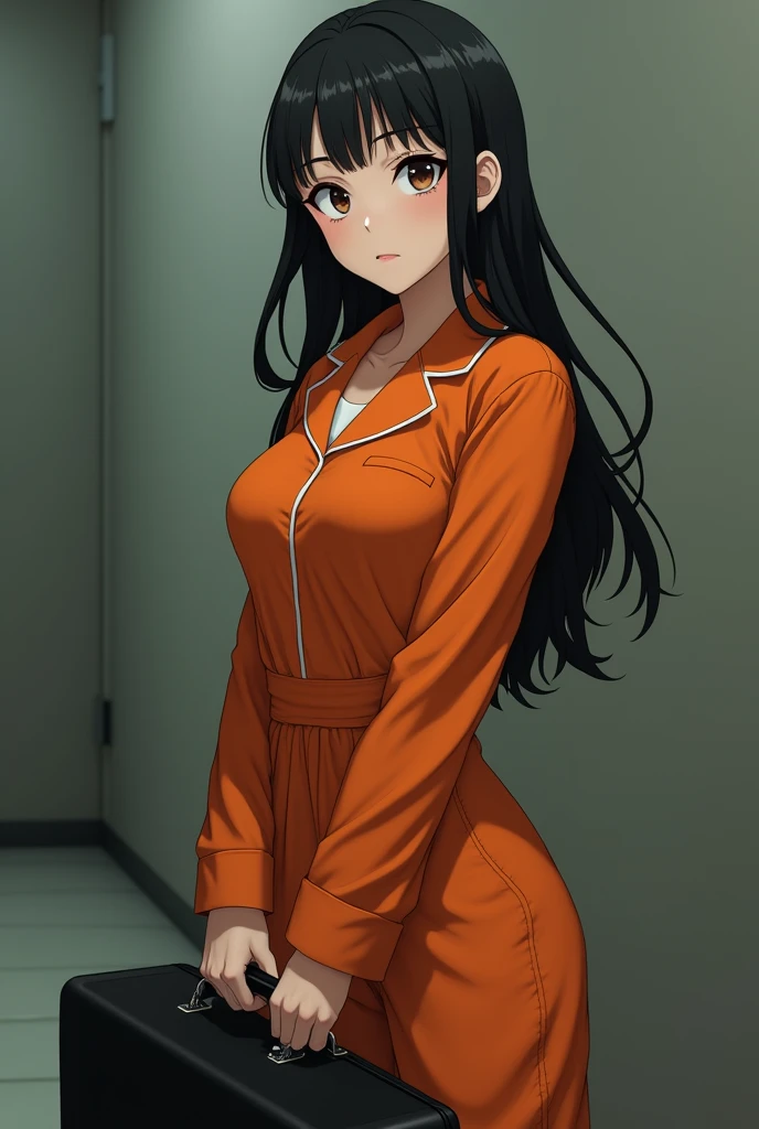 Anime realistic style, Woman with a thin curvy body wearing an orange prison uniform, posing holding a black suitcase, closeup