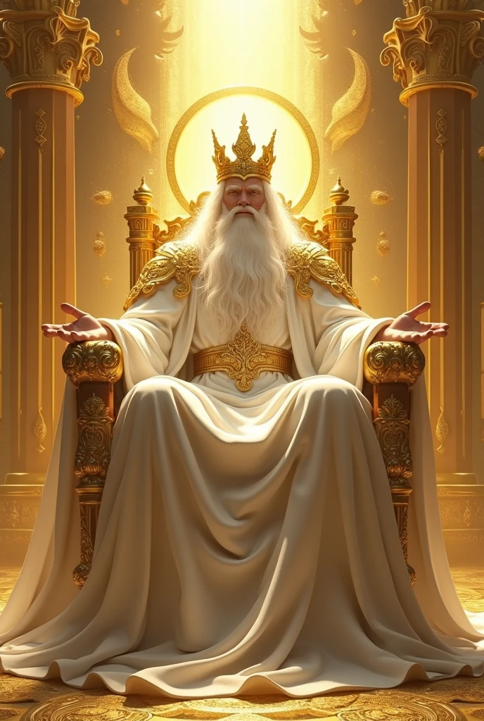 a great king shining like a star sitting on a great and exalted throne all of gold, with open arms. This king has a big white beard, very long white hair, white skin and a golden crown on his head. This being has white clothes, a golden belt and shoulder armor. this king is powerful and majestic.