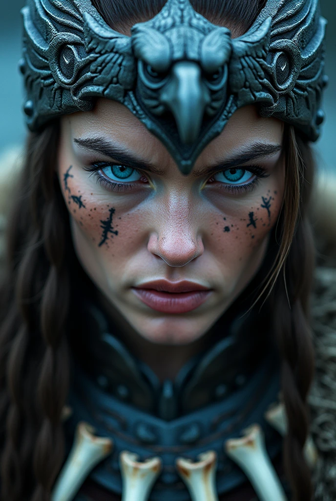 Close up face beautiful viking woman, wooden shield in hand , strong blue light in the eyes, eagle crown with many details , viking face paintings, Angry, bone necklace around the neck, battle armor, ready for war, braids in hair, blonde, looking 3
