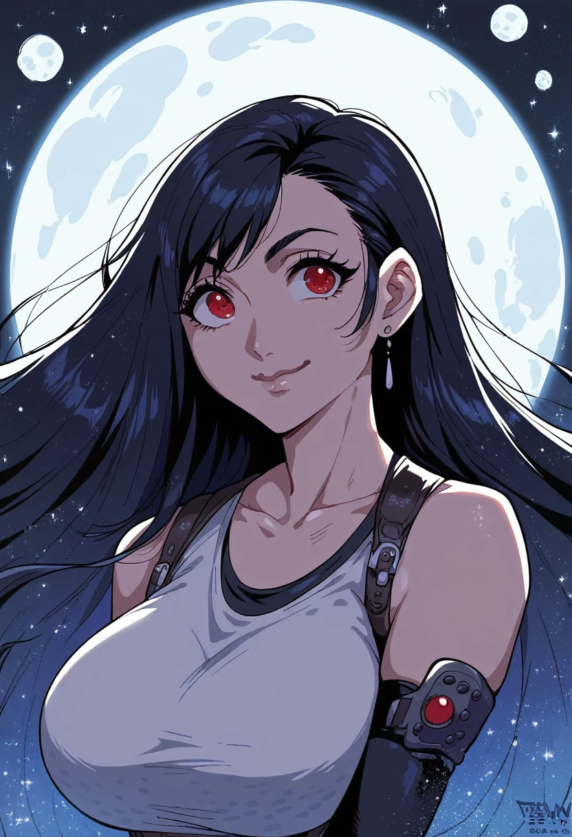 score_9, score_8_up, score_7_up, very aesthetic, 1girl, solo, tifa Lockhart, black hair, large breasts, takkmoon, blue theme, red eyes, portrait, glitter, smile, lip filter, closed mouth