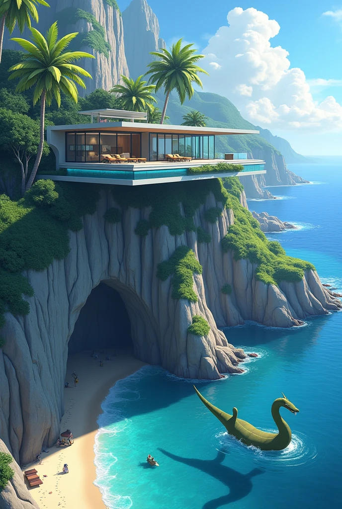 Une grande maison moderne avec une piscine et de grandes baies-vitrés à flanc d'une immense falaise surplombant la mer. Le tout dans une vegetation exotique. Une grotte menant à la maison est visible depuis la plage. Un leviator est visible dans l'eau