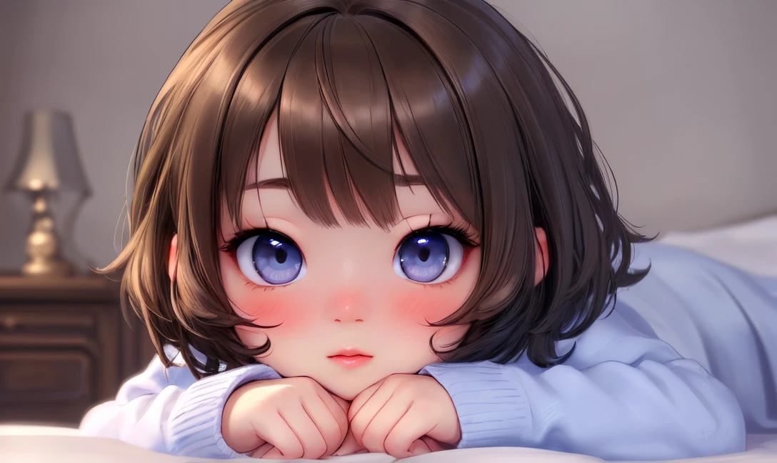 (highy detailed) (with high resolution) (4K quality) (perfect lighting) (face detailed) (detailed hair) (detailedeyes) (detailed nose) (detailed lips) A cute  , short brown hair, blue colored eyes, full body image, shy blushing, Hands on cheek, room on top of the bed.