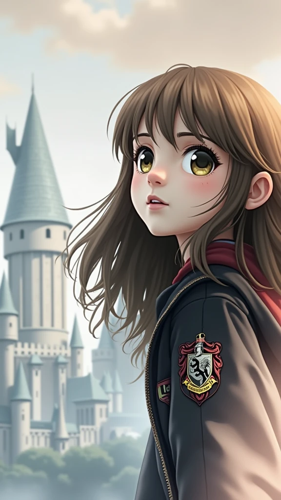 Create a sticker with white borders of a scene from the movie Harry Potter where 1 is in close-up in Gryffindor uniform, in the background the Hogwarts castle in high resolution with a blurred background, movie image and hyper-realism.