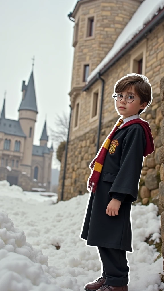 Create a sticker with white borders of a scene from the movie Harry Potter where 1  is in close-up in Gryffindor uniform, in the background the Hogwarts castle in high resolution with a blurred background, movie image and hyper-realism.