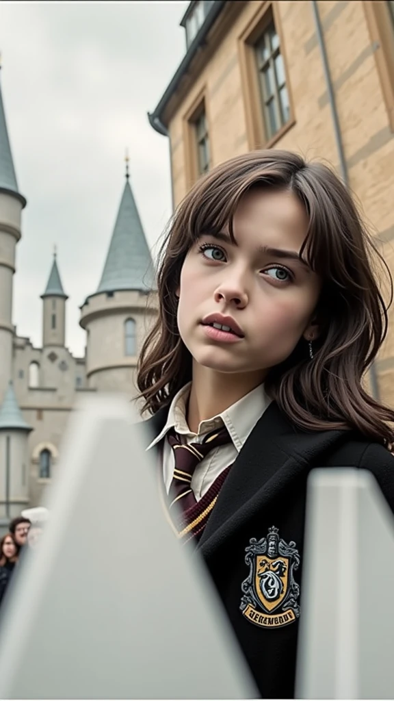 Create a sticker with white borders of a scene from the movie Harry Potter where 1 is in close-up in Gryffindor uniform, in the background the Hogwarts castle in high resolution with a blurred background, movie image and hyper-realism.