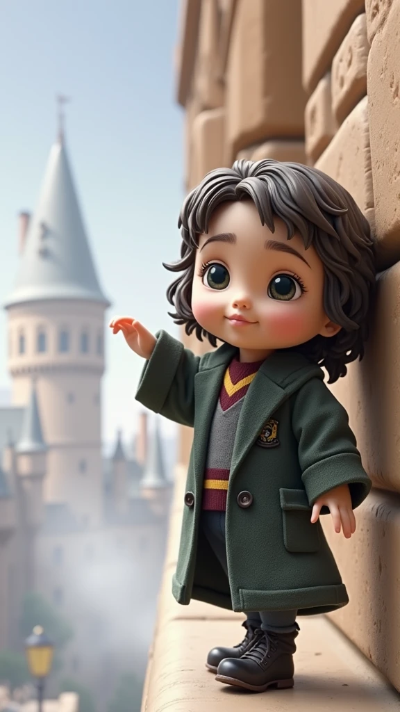 Create a sticker with white borders of a scene from the movie Harry Potter where 1  is in close-up in Gryffindor uniform, in the background the Hogwarts castle in high resolution with a blurred background, movie image and hyper-realism.